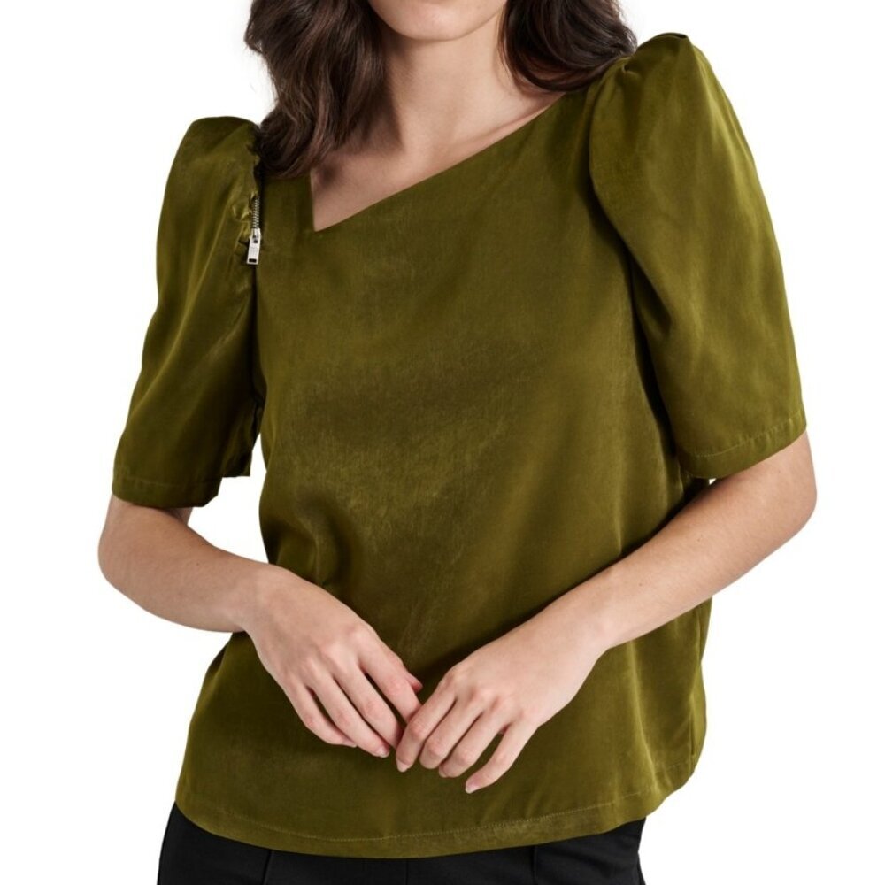DKNY Olive Green Asymmetric Neck Puff Sleeve Blouse